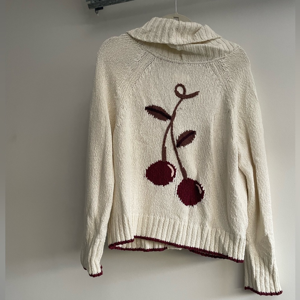 Cherry Embroidered Cream Sweater Anthropologie